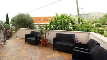 Un patio con muebles de exterior, una planta en maceta y vistas a una colina.