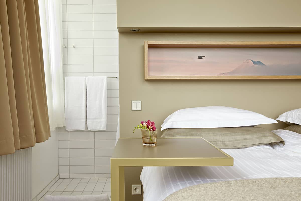 Habitación de hotel con cama, mesita de noche con un vaso de agua y flores, un cuadro de una montaña y una ventana con cortinas.