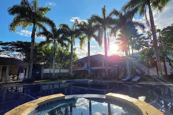 Outdoor pool, pool umbrellas, sun loungers