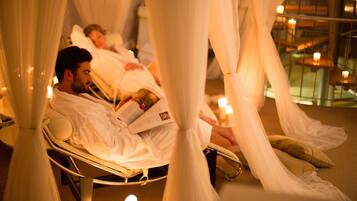 Couples treatment rooms, sauna, hot tub, body treatments, aromatherapy