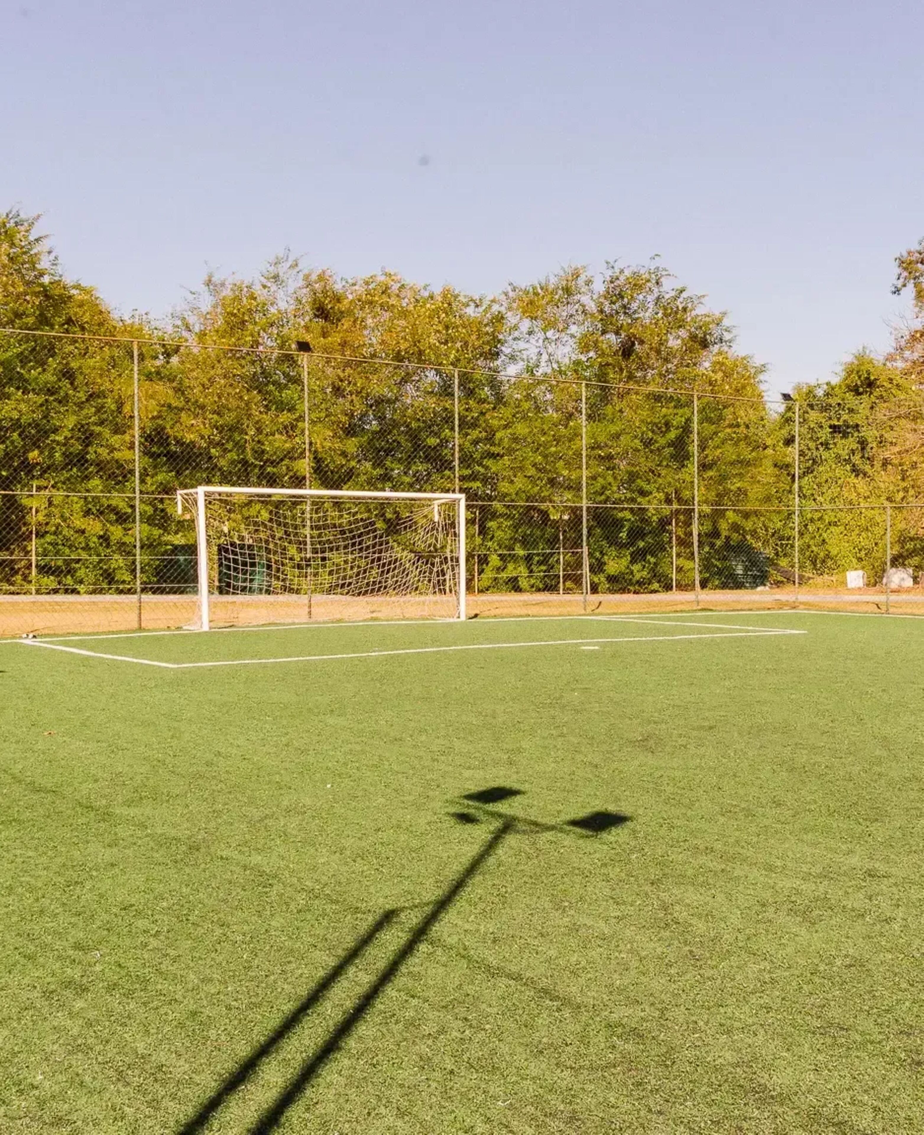 A soccer field with a goalpost and a net, surrounded by a fence and trees.