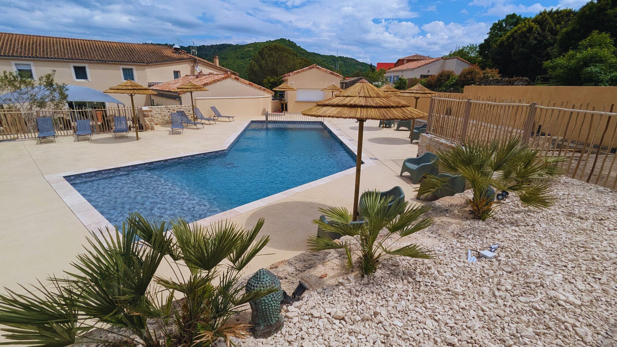 outdoor pool, pool loungers