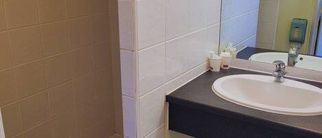 A bathroom with white tiles, a black and white checkered floor, a sink, and a mirror.
