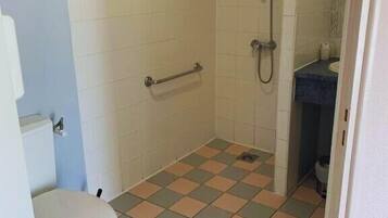 Une salle de bain comprenant des toilettes, une douche équipée d’une barre d’appui et un lavabo.