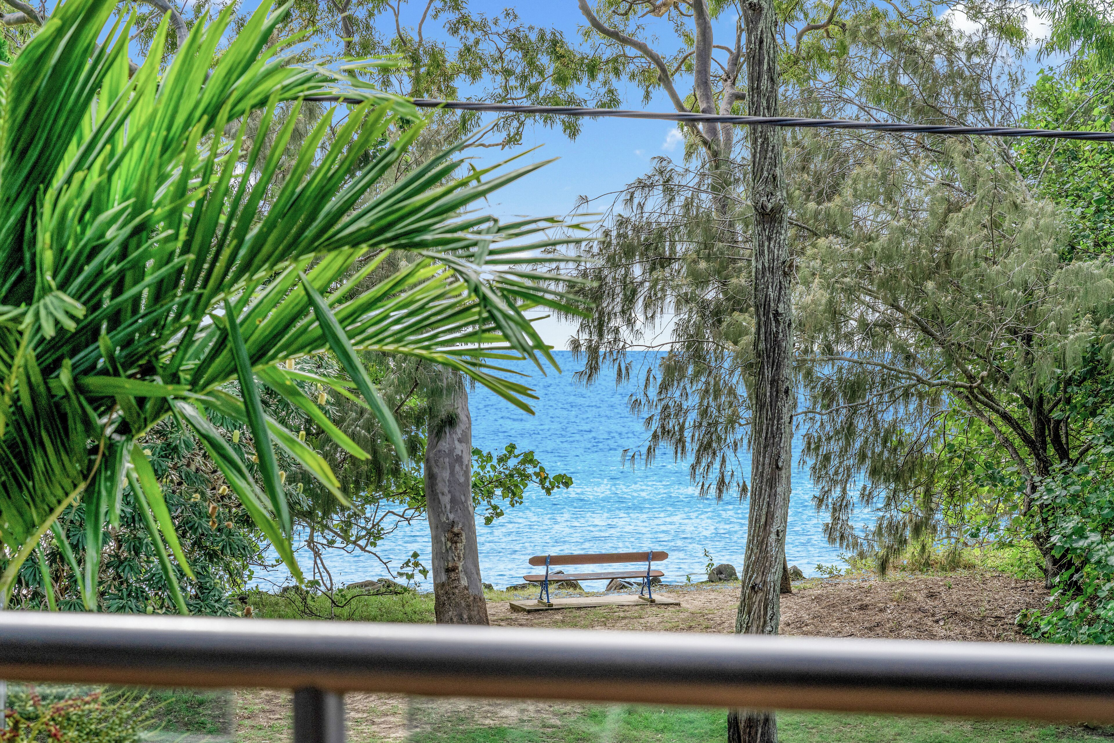 A bench by a lake with trees and a railing in the foreground.