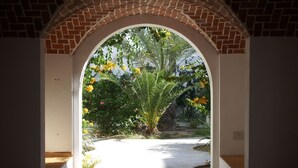 An arched doorway leading to a garden with a palm tree and yellow flowers. - Menzel Dija (Djerba Midun)