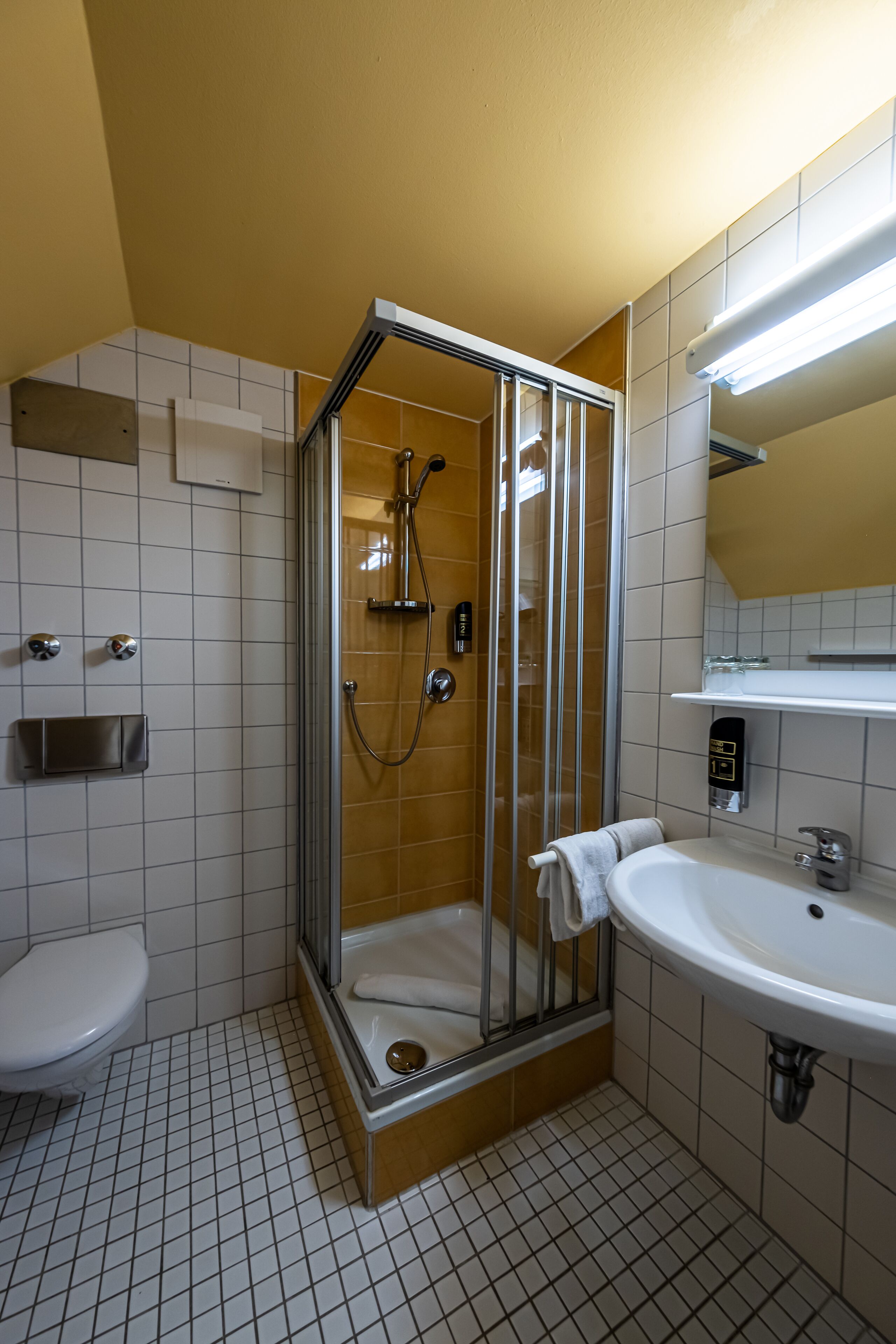 Un baño moderno con ducha de vidrio, lavamanos blanco y un inodoro.