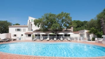 Outdoor pool, pool umbrellas, pool loungers