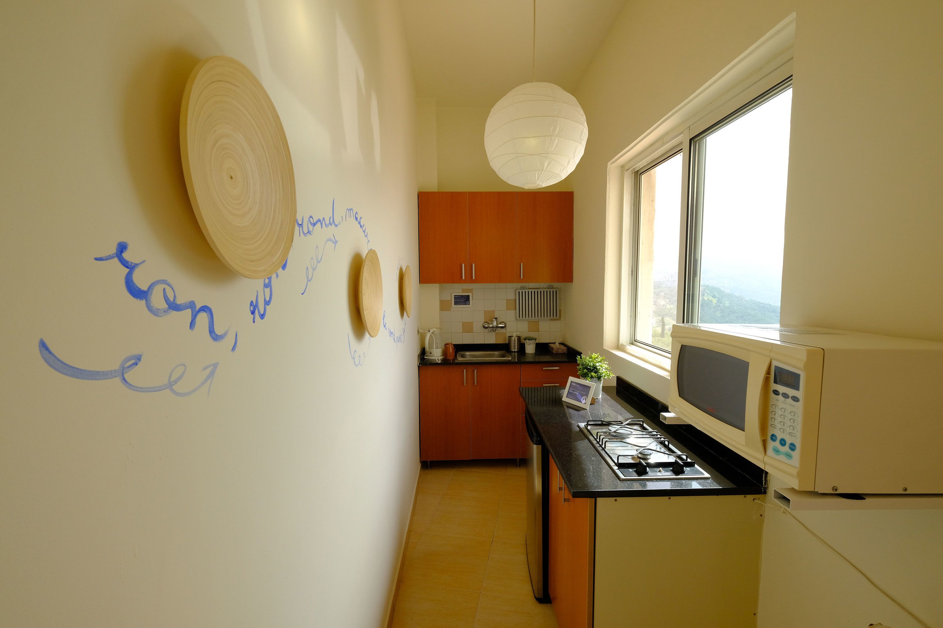 A kitchen with wooden cabinets, a microwave, and a window with a view.