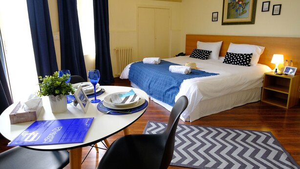 Habitación de hotel con cama, una mesa con planta, una silla, escritorio con computadora y ventana con cortinas.