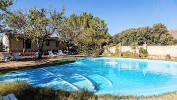 Seasonal outdoor pool, pool umbrellas, sun loungers