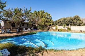 Seasonal outdoor pool, pool umbrellas, sun loungers
