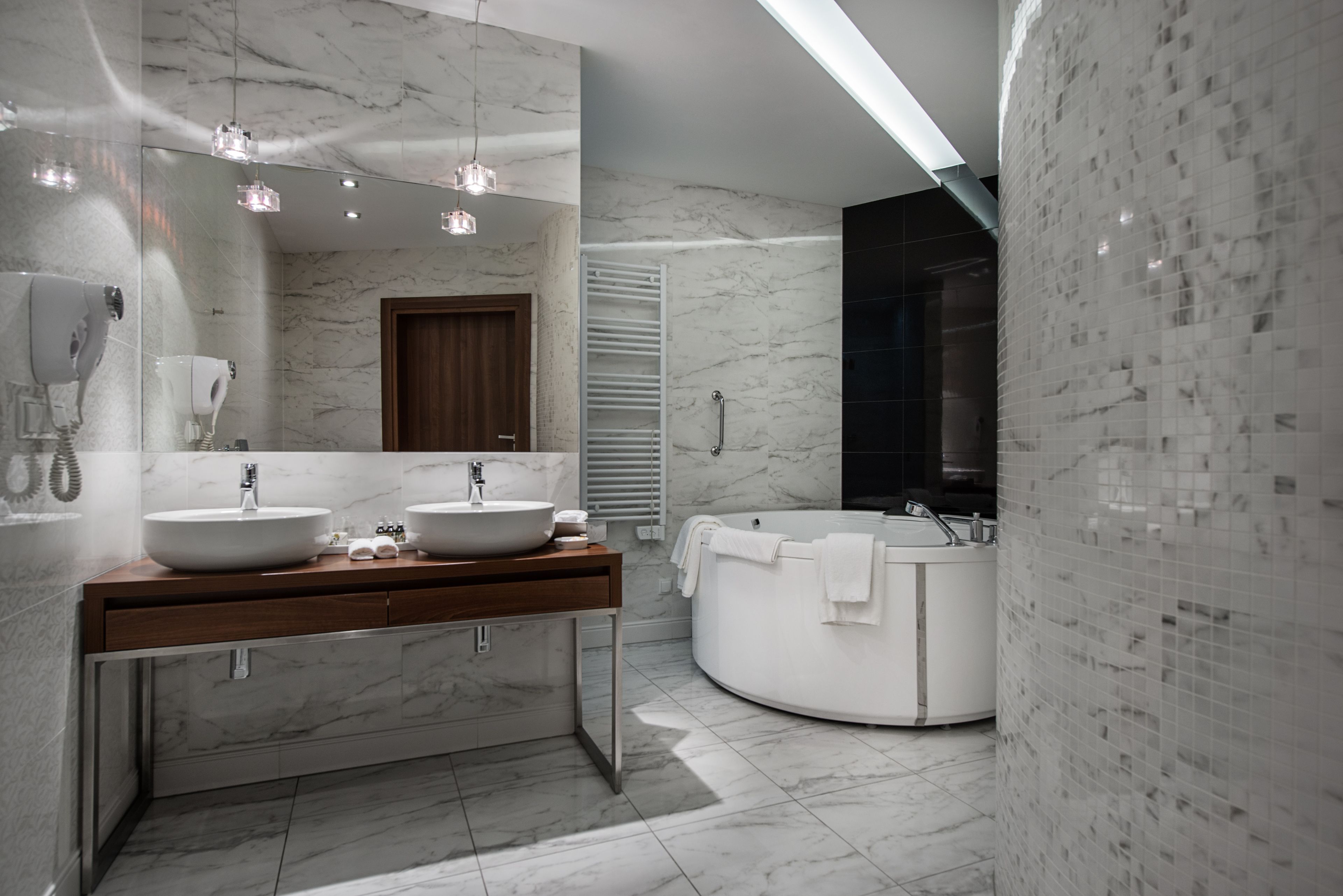 hair dryer, bathrobes, heated floors, towels