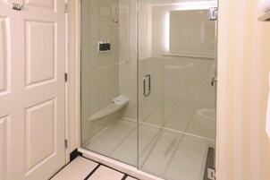 Combined shower/bathtub, free toiletries, hair dryer, towels