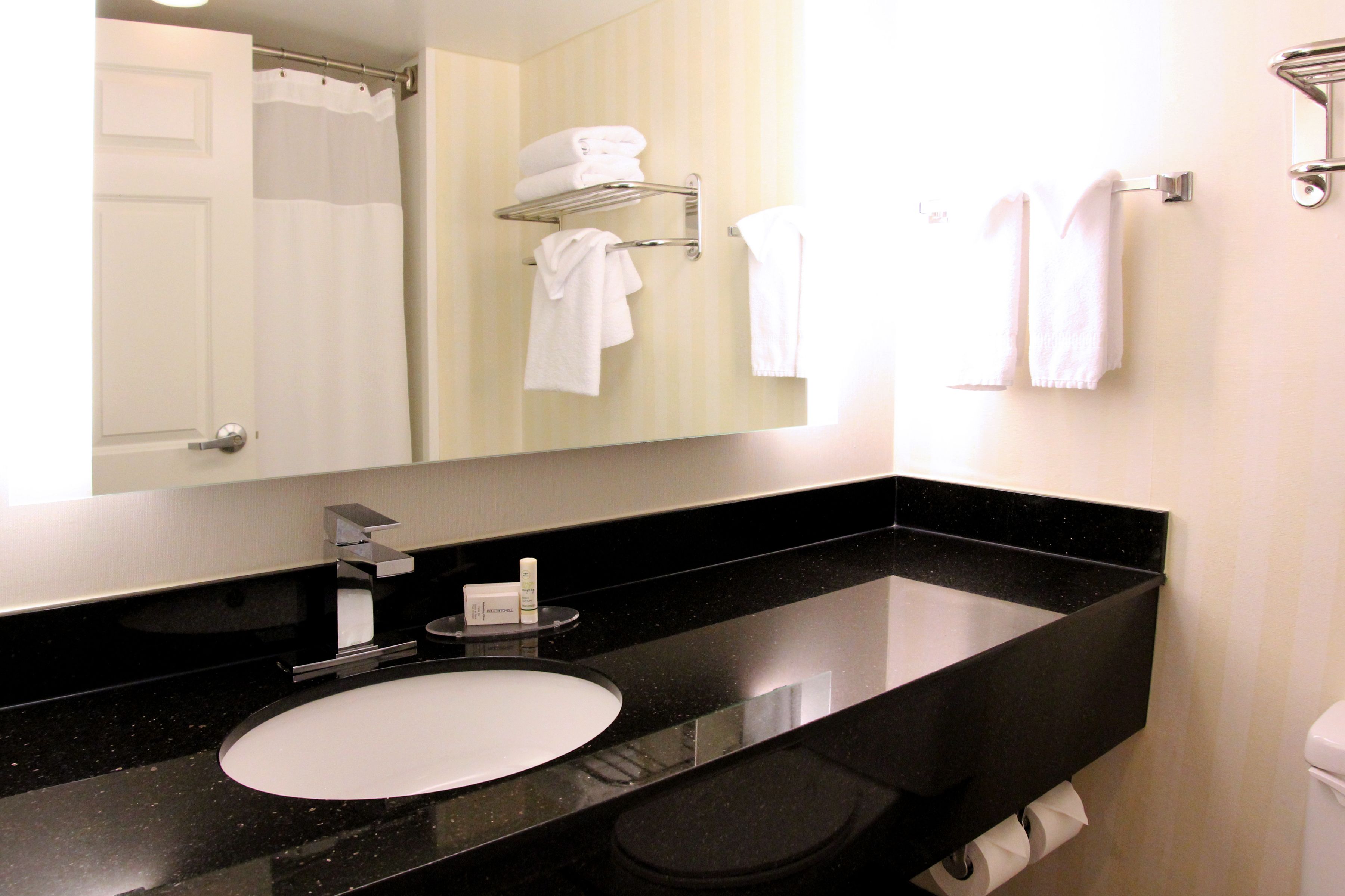 combined shower/bathtub, free toiletries, hair dryer, towels