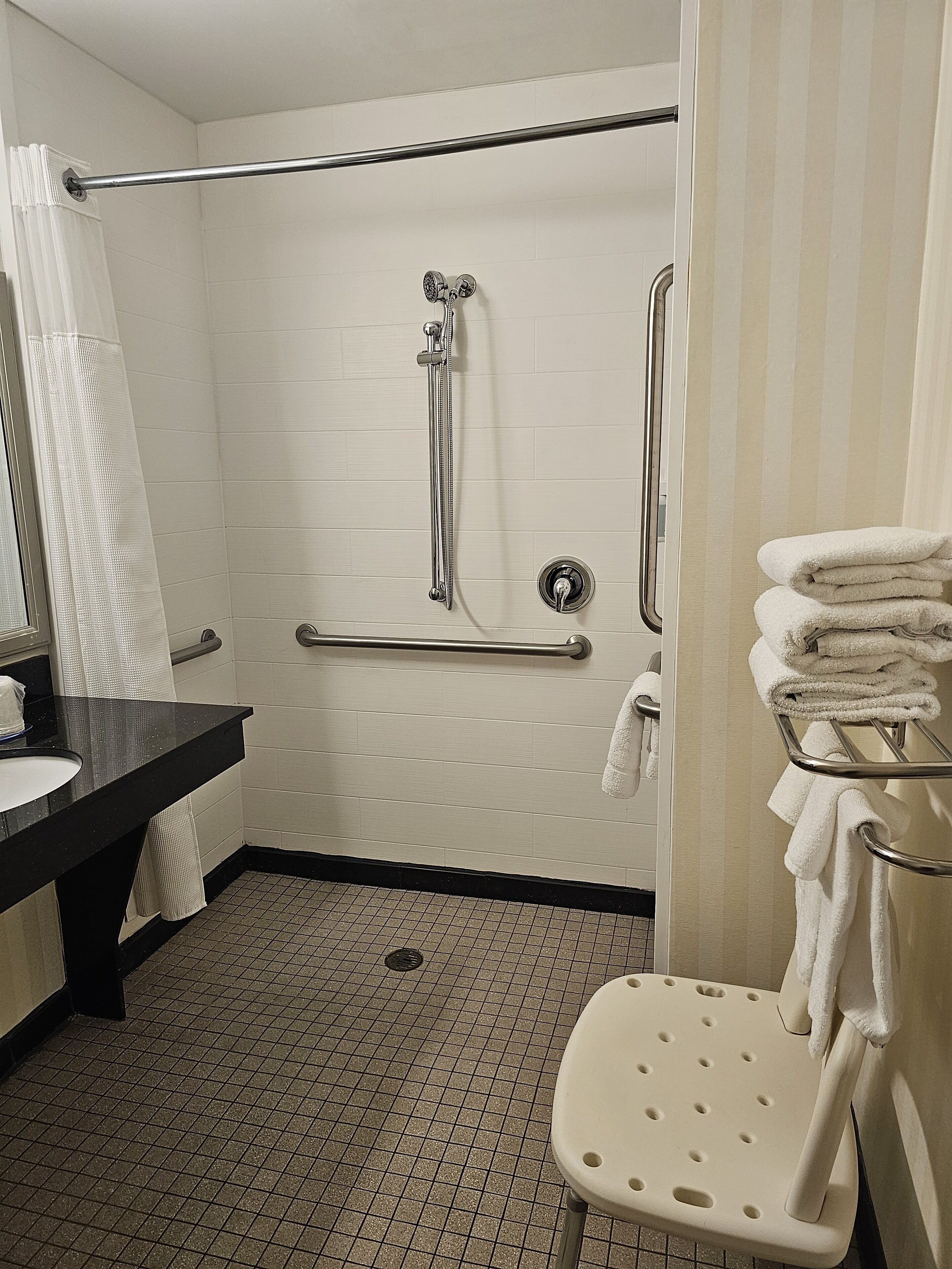 A bathroom with a shower, a toilet, and a sink.