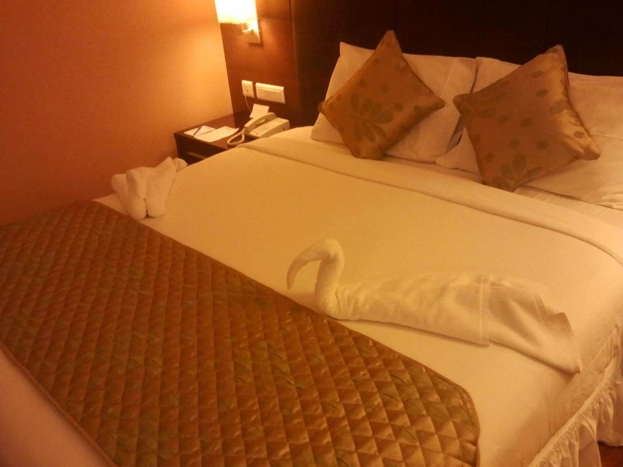 A hotel room with a neatly made bed, a bedside table with a phone, and a wall-mounted light.