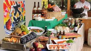 A buffet with various food items and drinks, including fruits, vegetables, meats, and seafood. - Shiga Park Hotel (Yamanouchi)