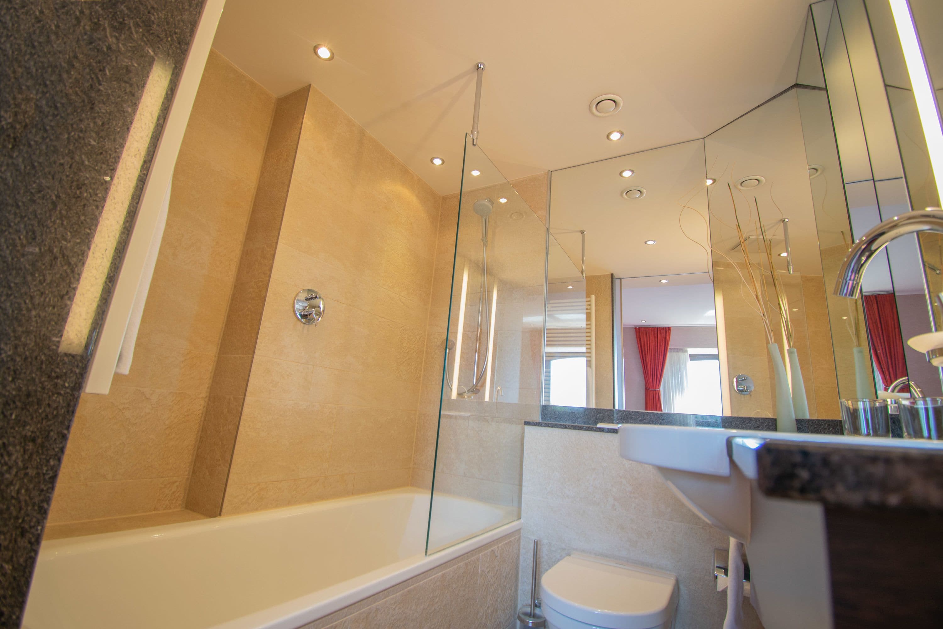 shower, rainfall showerhead, free toiletries, hair dryer