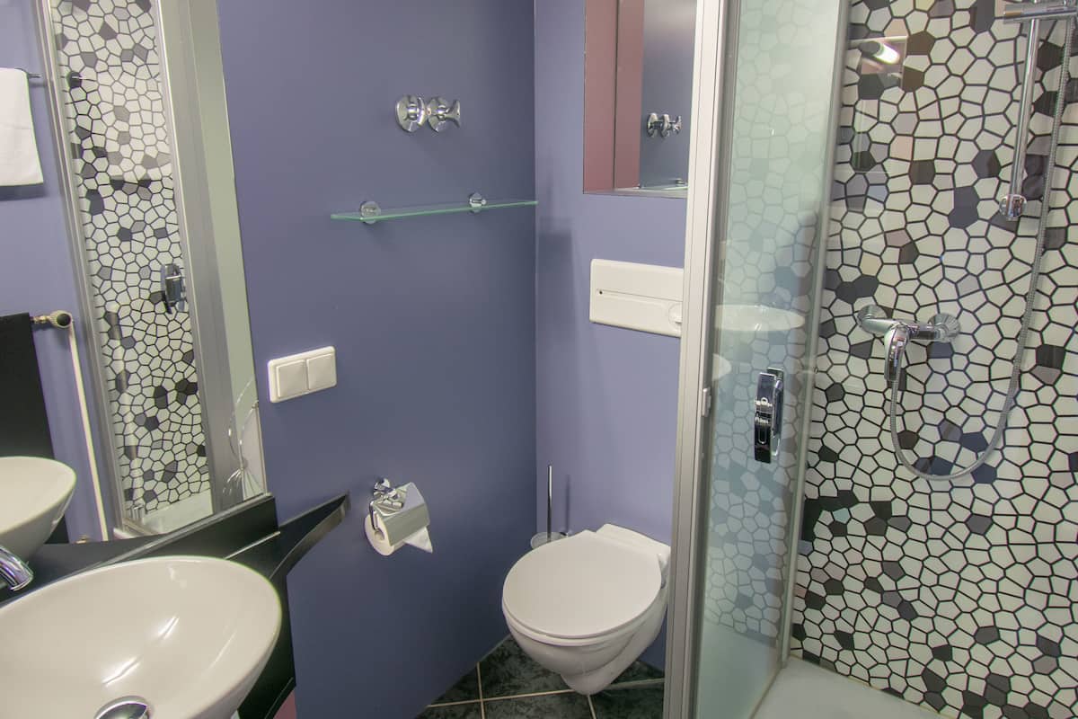 shower, rainfall showerhead, free toiletries, hair dryer