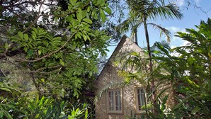 Una casa de piedra con dos ventanas, rodeada de exuberante follaje tropical.
