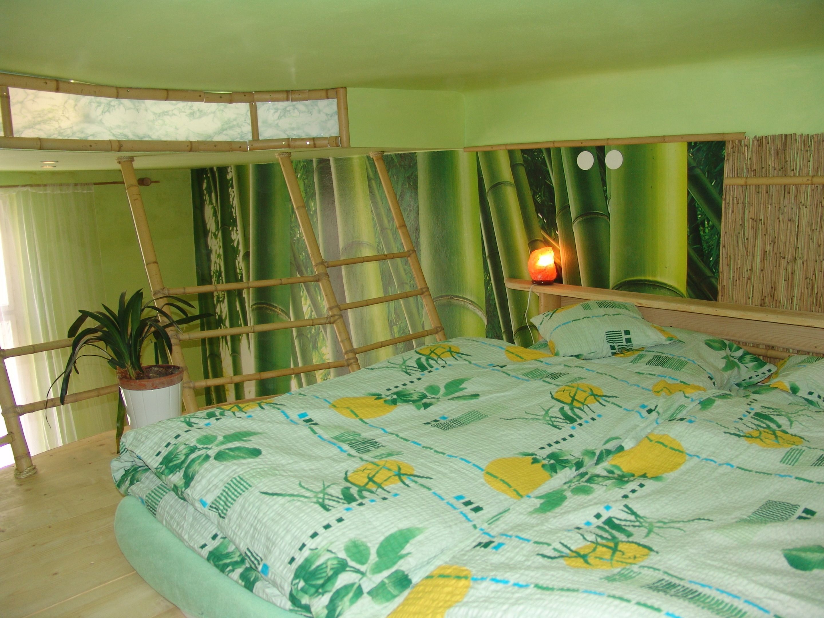 A room with a bed, a ladder, a potted plant, and a wall with a bamboo design.