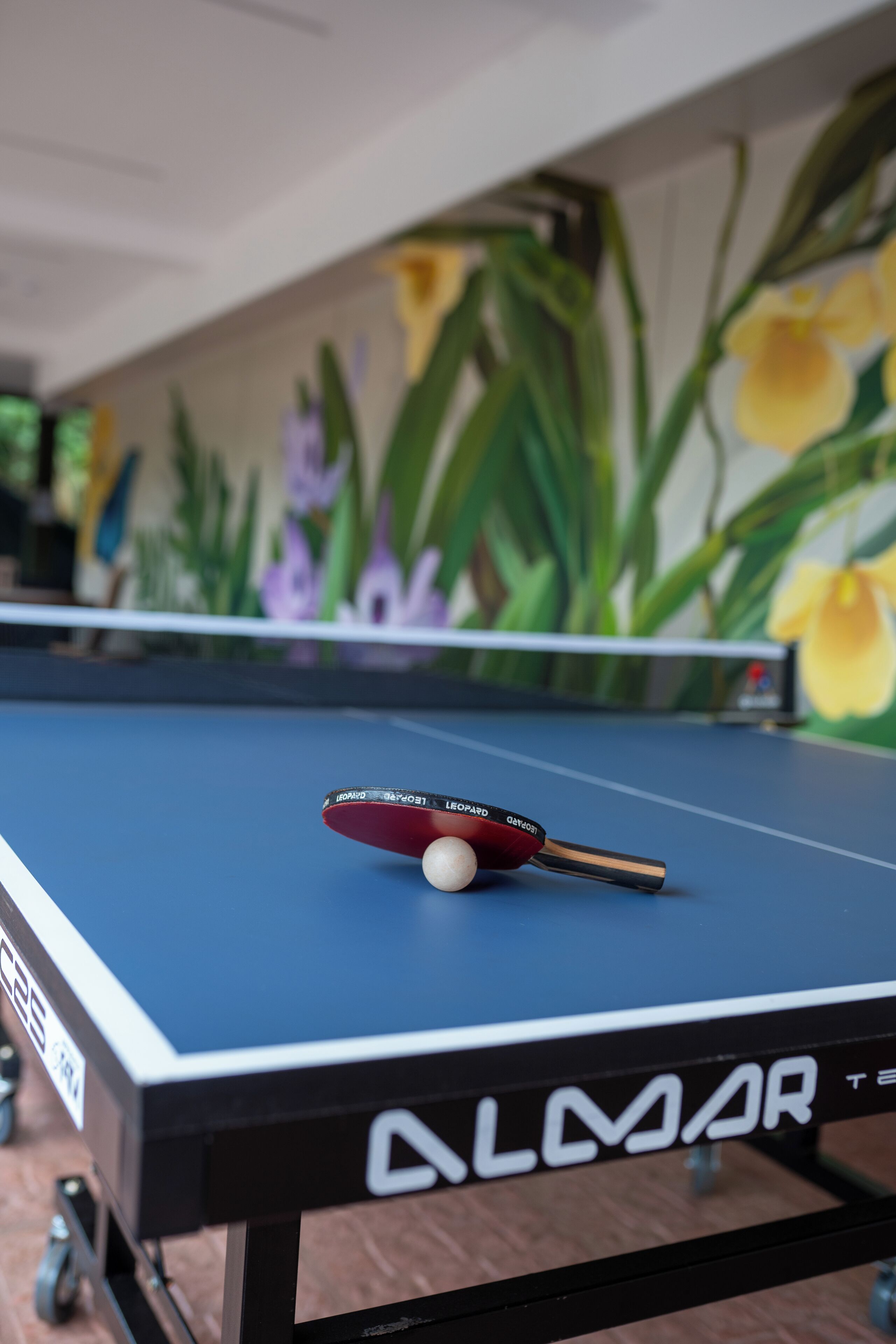 Une table de ping-pong avec un filet, une raquette de ping-pong et une balle.