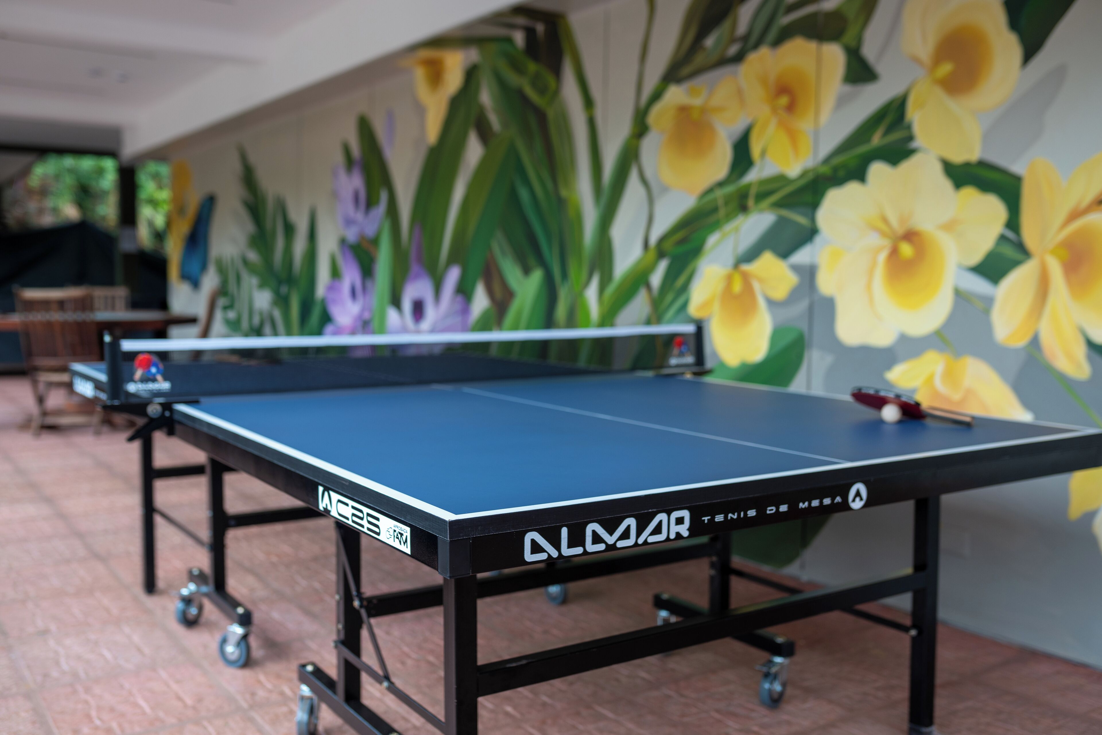 Een tafeltennistafel met wielen, met de branding 'ALMAR TENIS DE MESA'.