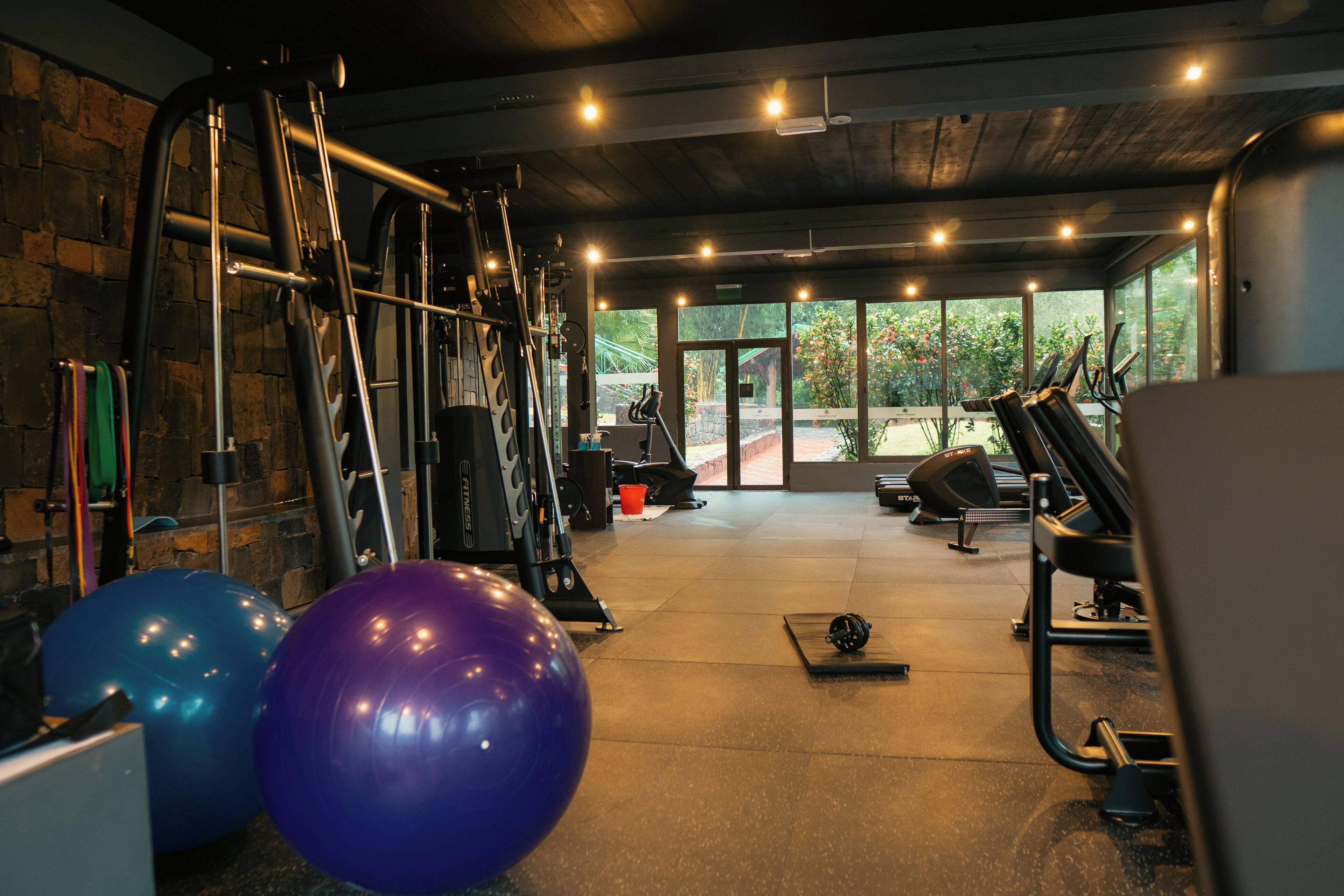 A gym with exercise equipment, large exercise balls, and a view of greenery outside.