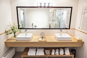 Hair dryer, bathrobes, towels