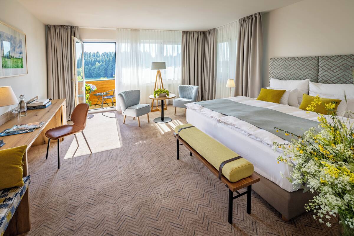 A hotel room with a bed, a desk, a chair, a small table with a lamp, and a view of the outdoors.