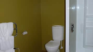 A bathroom with a toilet, a shower, and a towel rack.