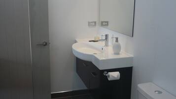 A modern bathroom with a toilet, sink, and mirror.