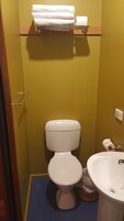 A small bathroom with a toilet, a sink, and a towel rack.