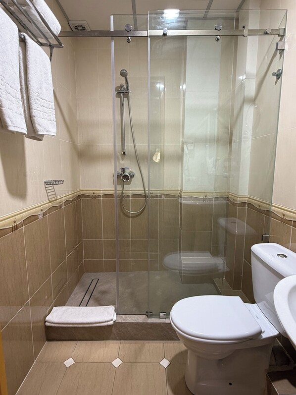 A glass-enclosed shower stall with a handheld showerhead and a step for accessibility.