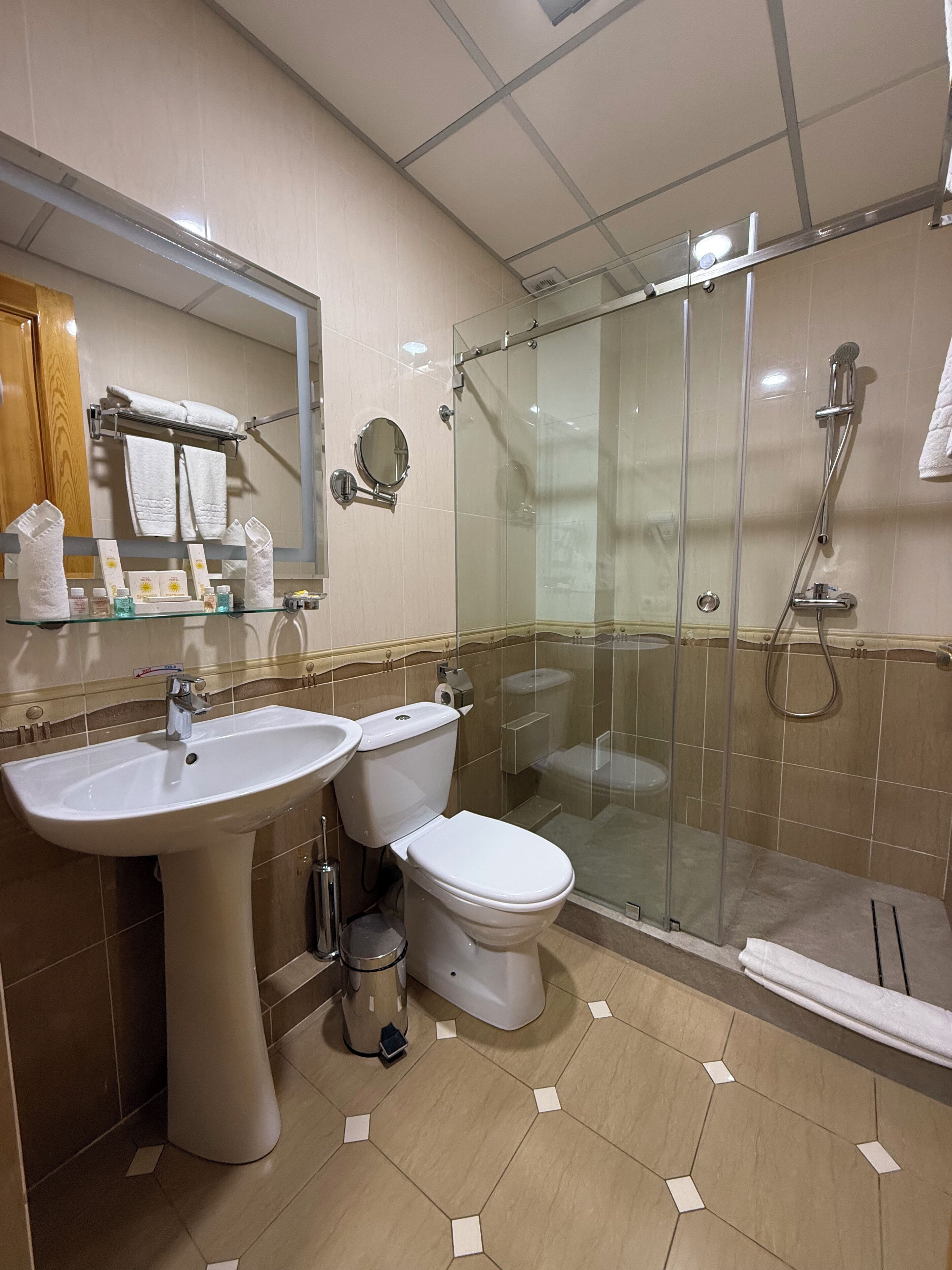 A modern bathroom with a glass-enclosed shower, a pedestal sink, and a toilet.