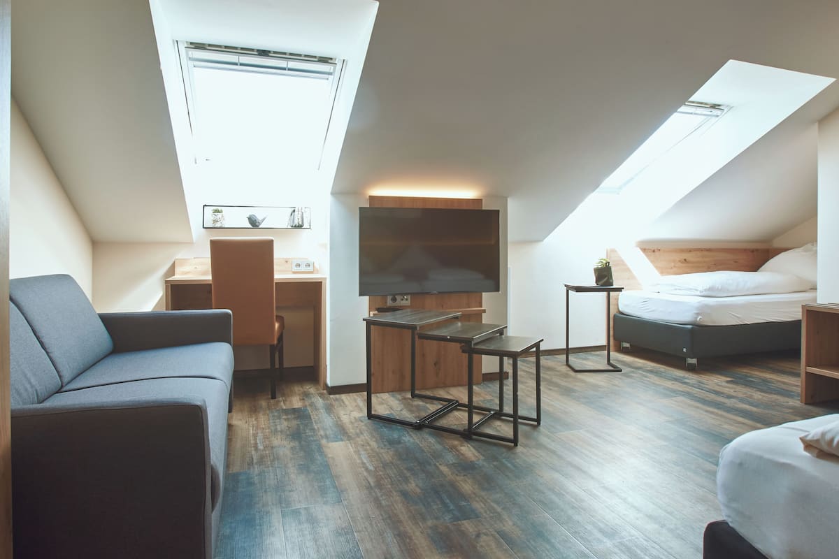 A modern loft bedroom with a skylight, a desk, a TV, a bed, and a sofa.