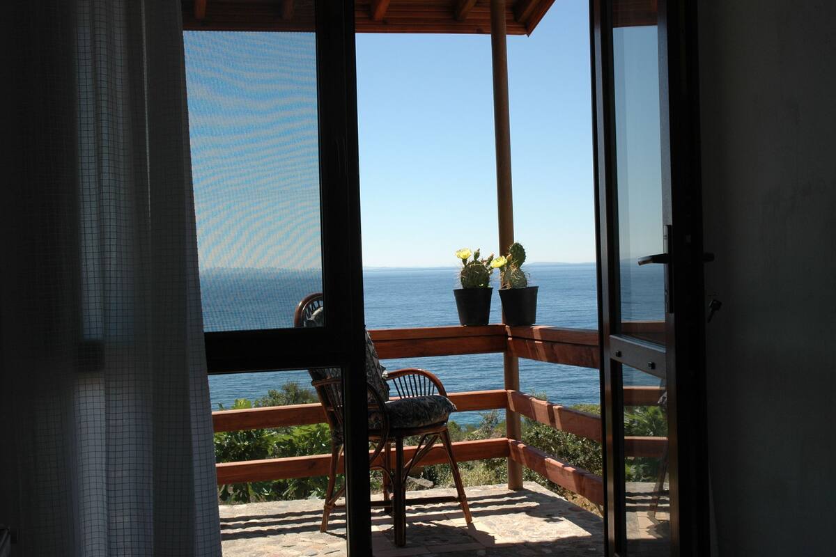 Ein Balkon mit einem Stuhl und Blumentöpfen, mit Blick auf das klare, blaue Meer.