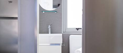 A modern bathroom with a toilet, sink, and mirror.