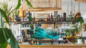 Een bar met een houten toonbank, planken met flessen en glazen, en een groot aquarium op de achtergrond.