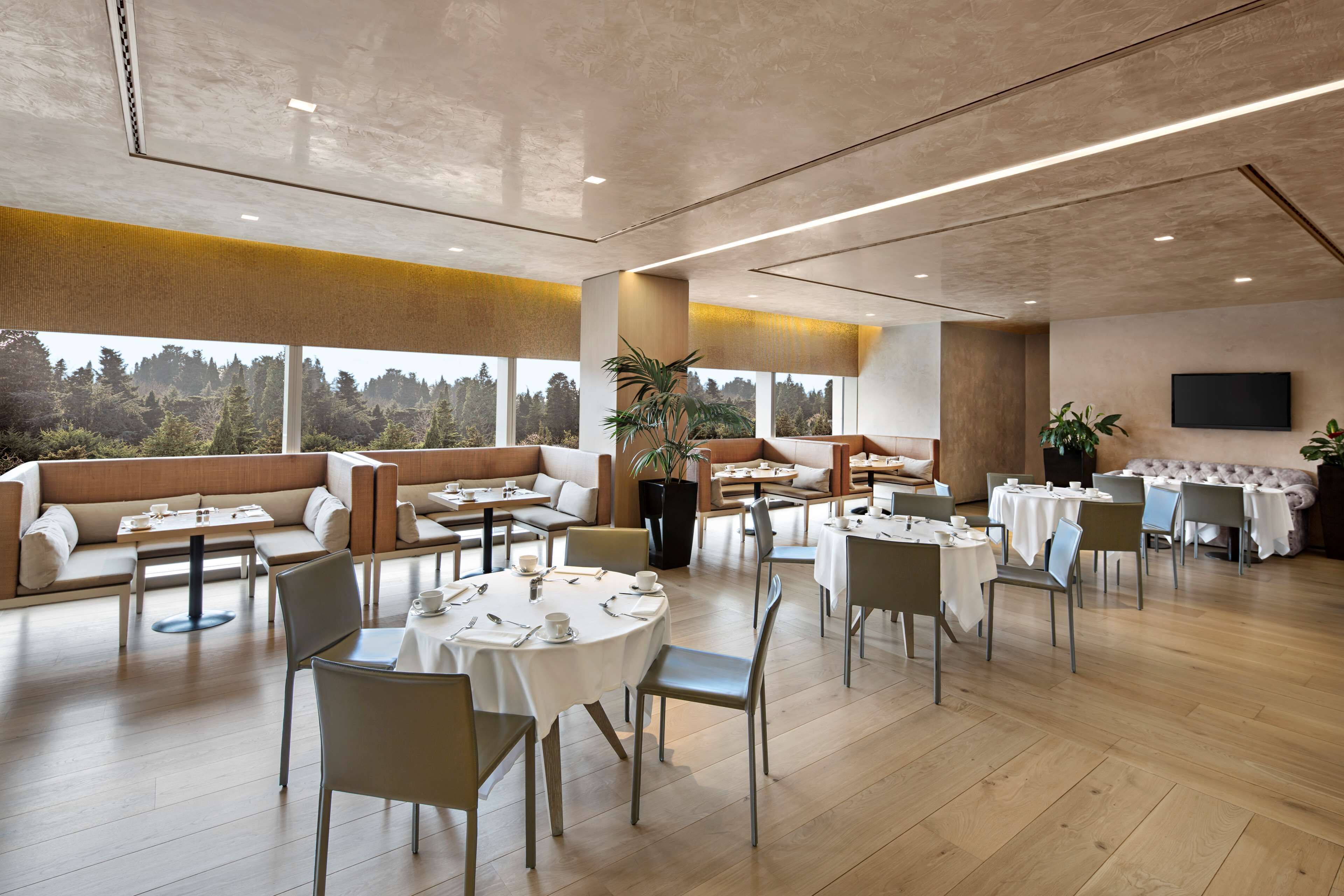 A spacious restaurant with high ceilings, large windows offering a view of the forest, and a mix of seating options including tables and sofas.