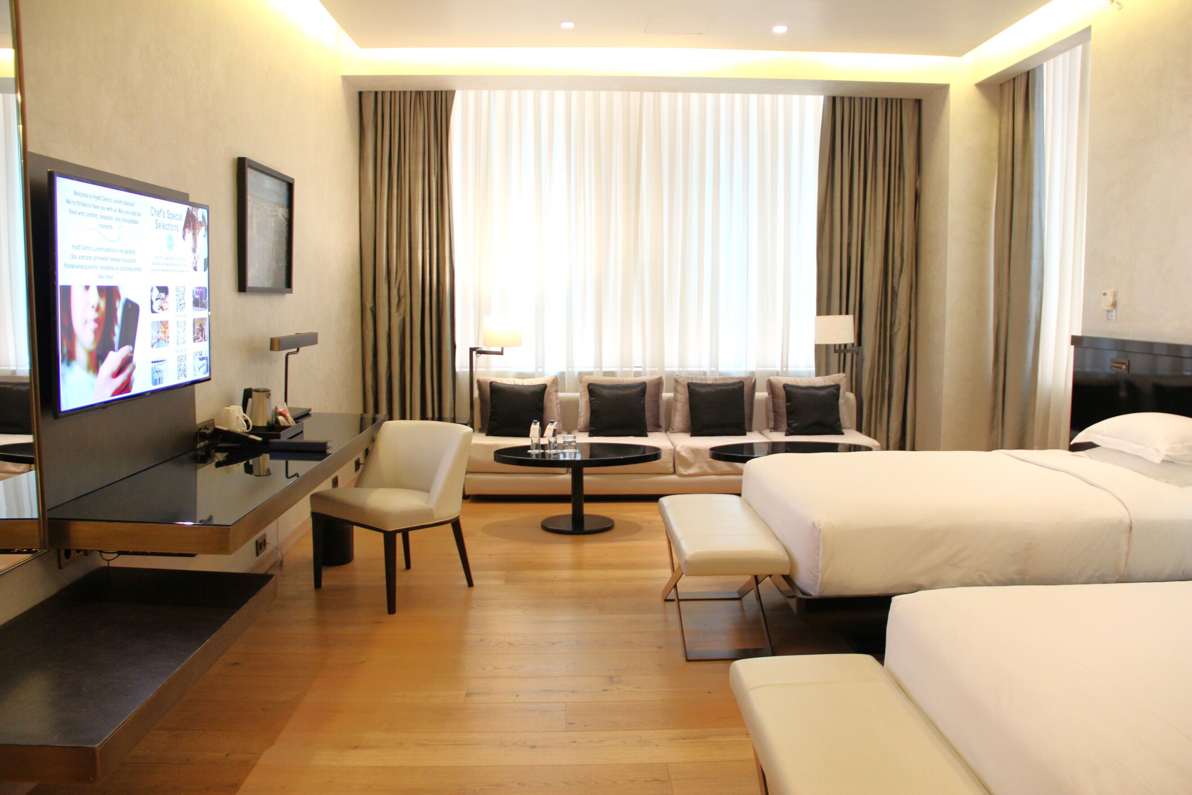 A hotel room with a TV, a sofa, a bed, a desk, and a window with curtains.