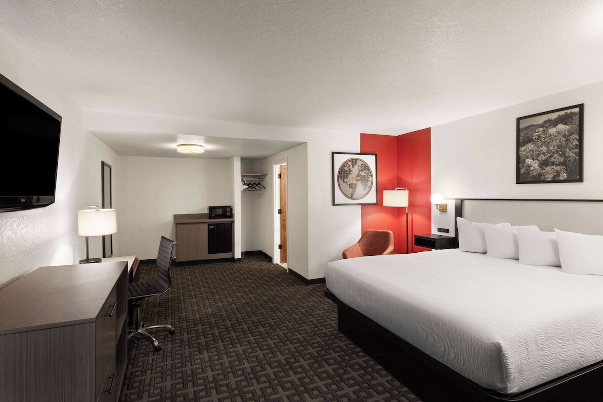 A hotel room with a bed, a desk, a chair, a television, and a small kitchenette.