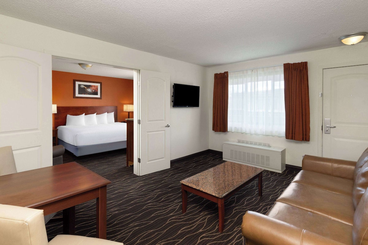 A hotel room with a bed, a desk, a sofa, and a television.