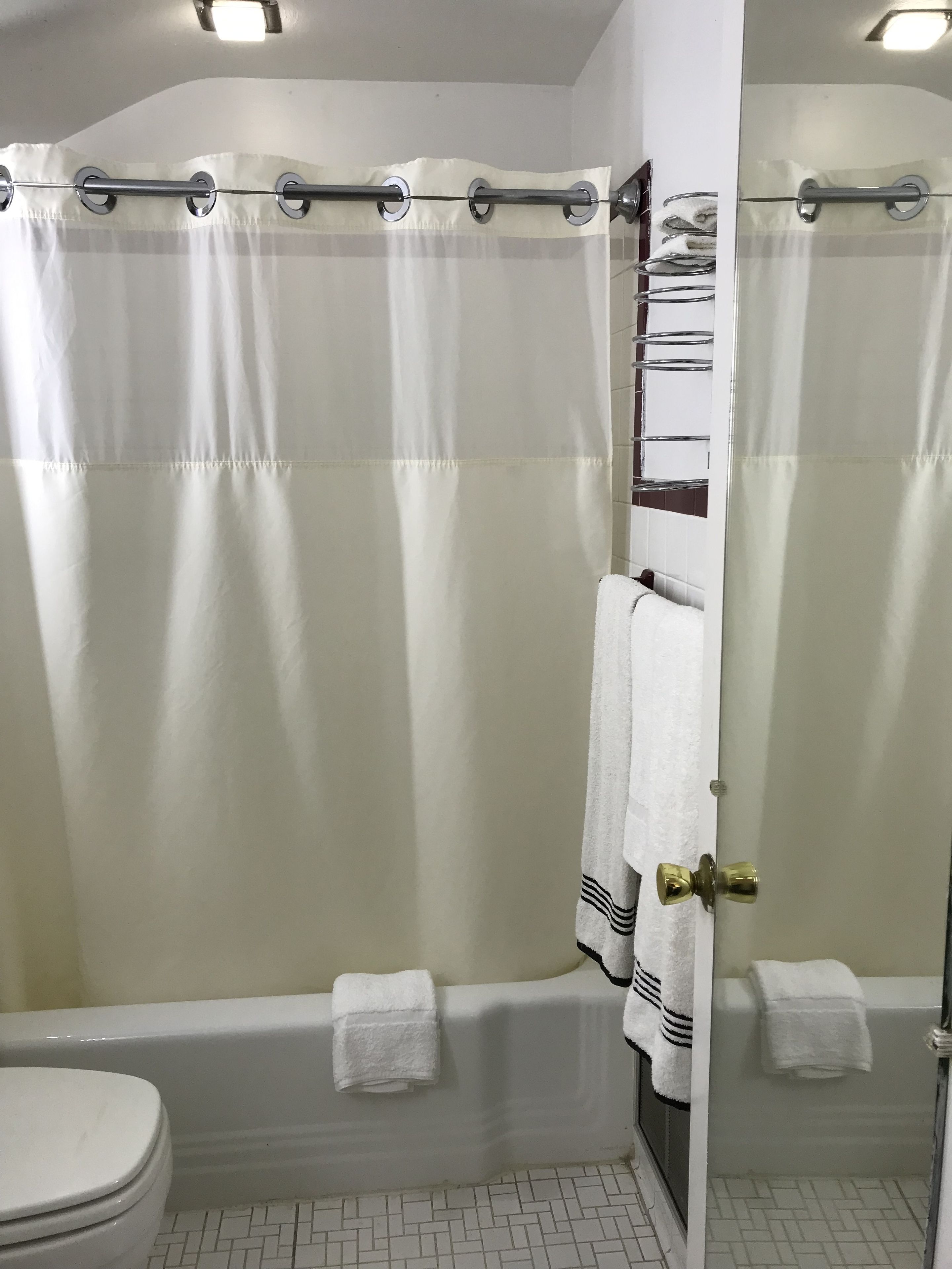 A bathroom with a shower curtain, a bathtub, and a toilet.