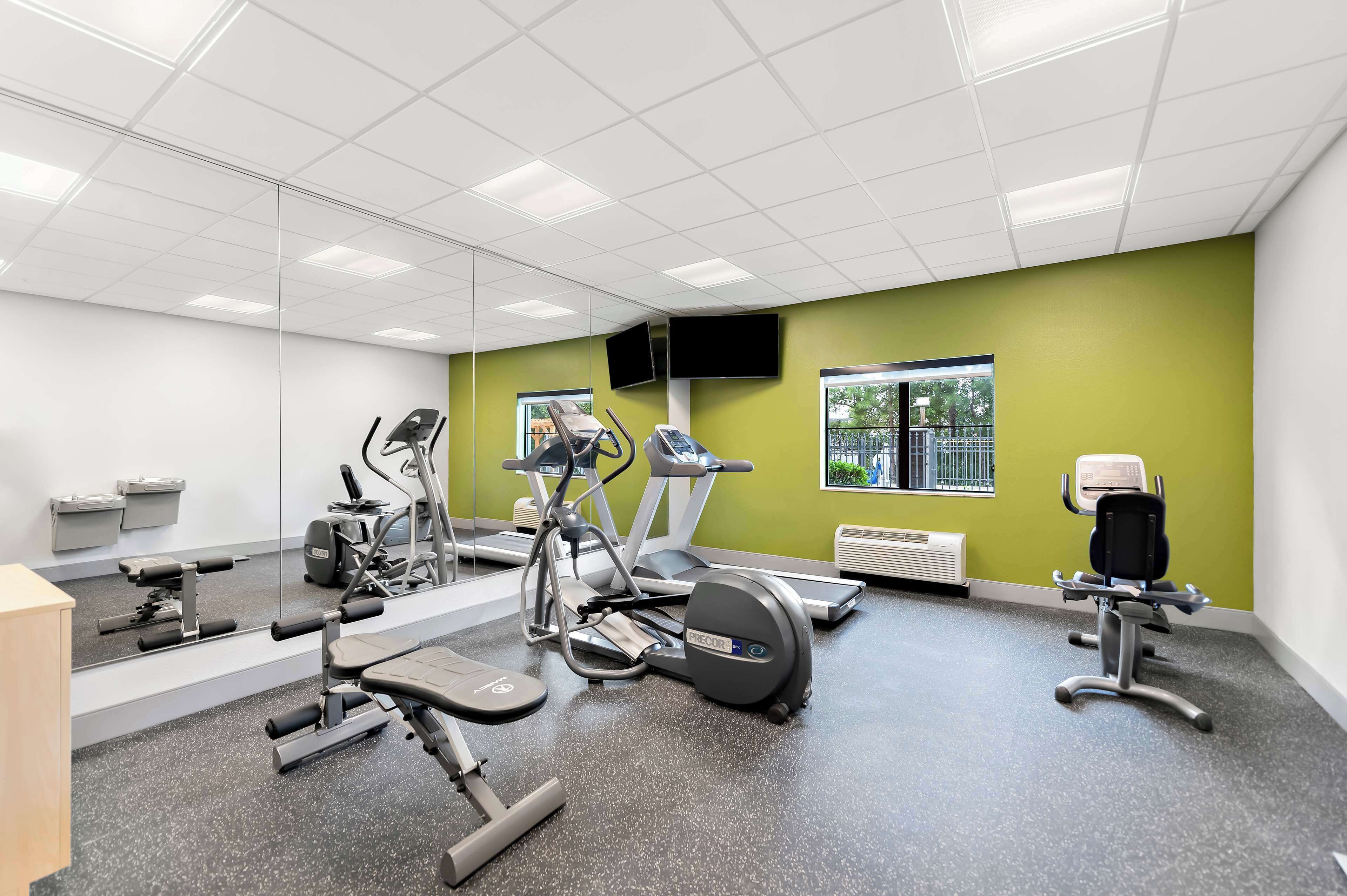 A gym with various exercise equipment, a large mirror, a television, and a window with a view of greenery.