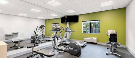 A gym with various exercise equipment, a large mirror, a television, and a window with a view of greenery.