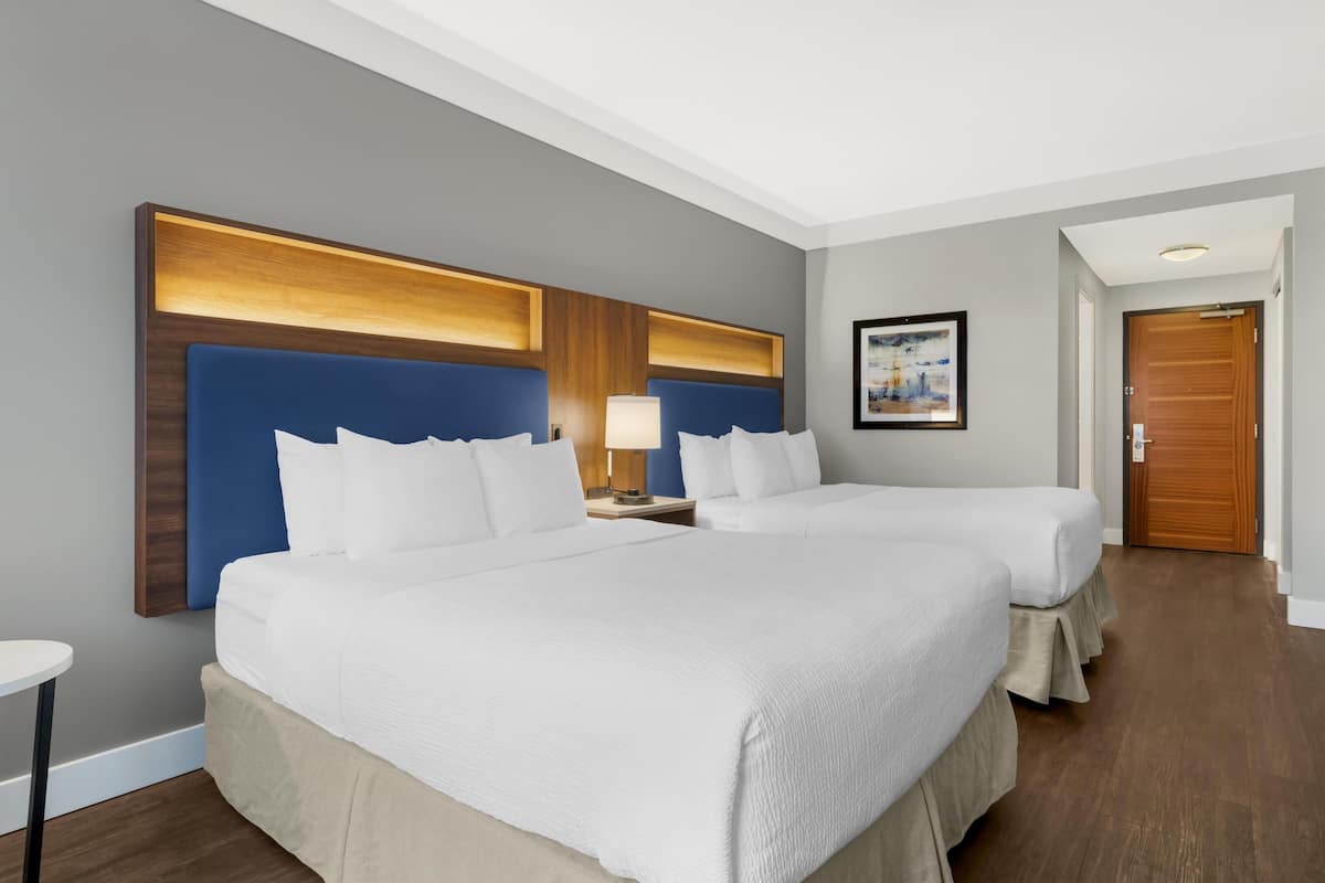 A hotel room with two beds, a nightstand with a lamp, a framed picture on the wall, and a wooden door.
