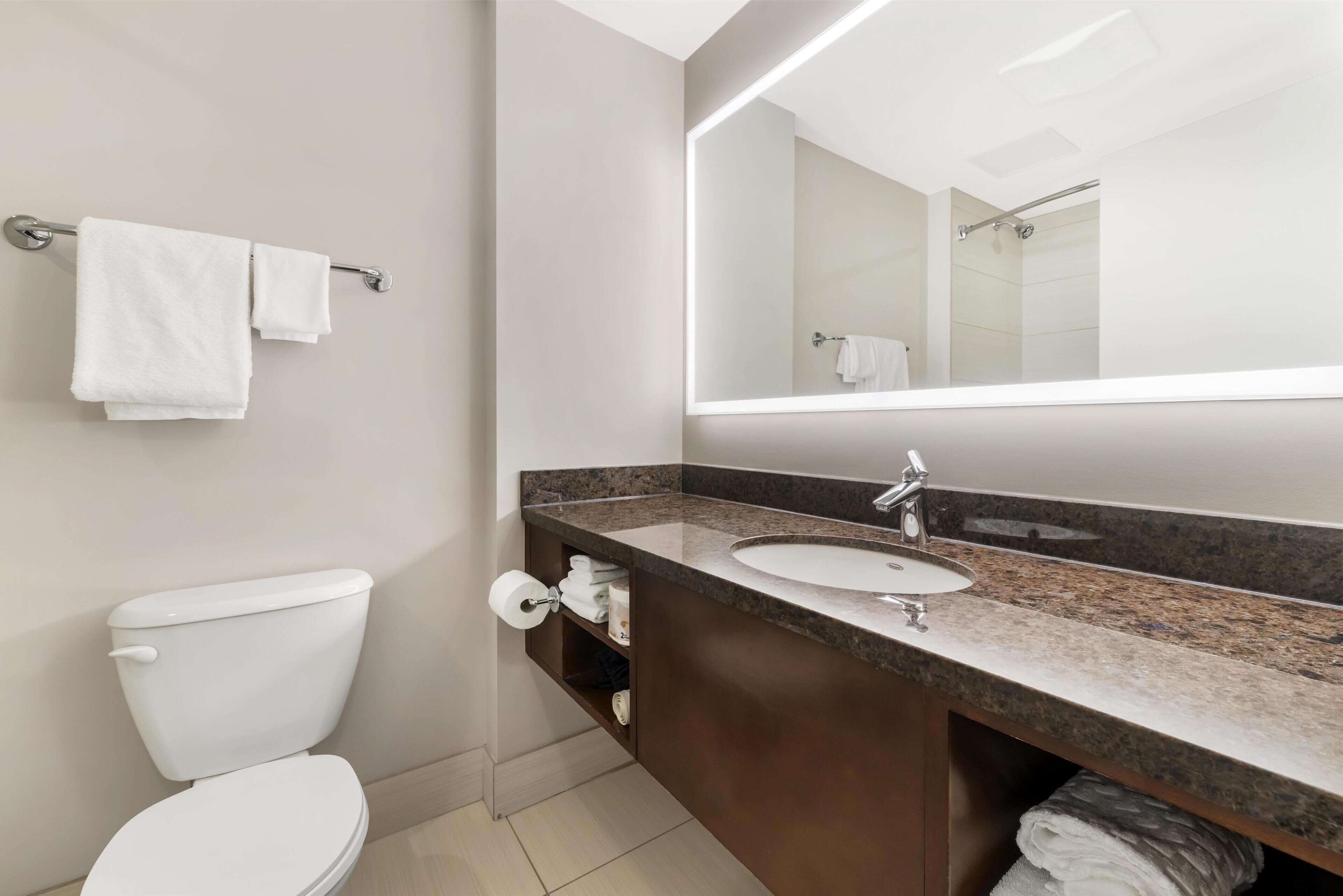 Ein modernes Badezimmer mit Toilette, Waschbecken und Spiegel.