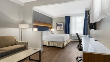A hotel room with a sofa, a bed, a desk, and a chair.
